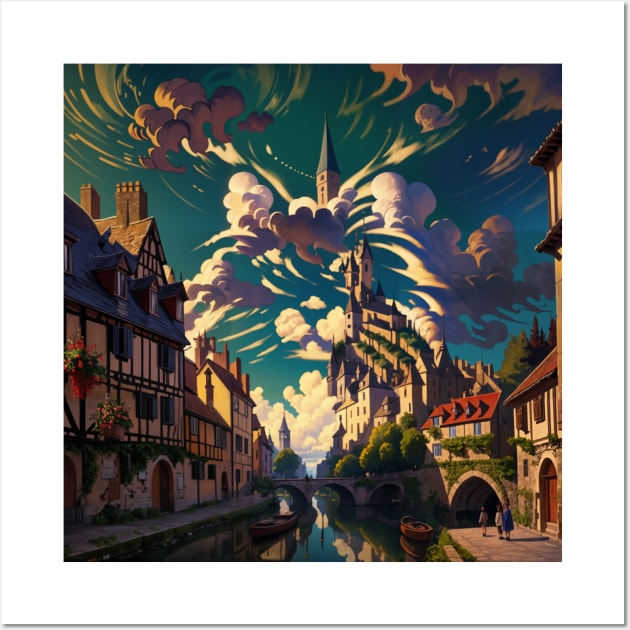 Peaceful French Village Illustration with Hidden Image of a Cat Wall Art by ravel.live